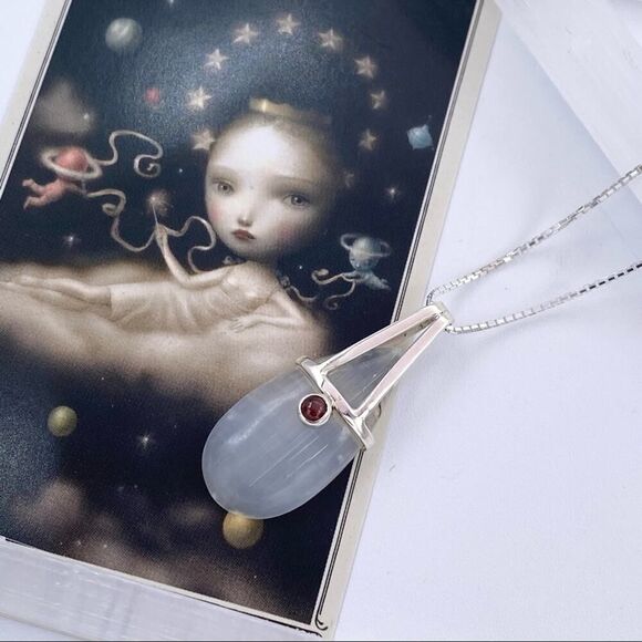 Selenite And Garnet Pendant on Diamond Cut Box Chain - Picture 2 of 4